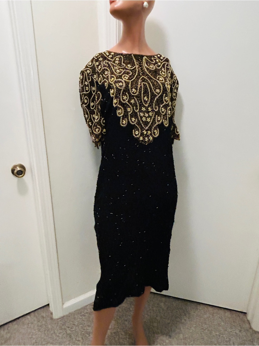 Vintage Black and Gold Beaded Evening Dress by Carina